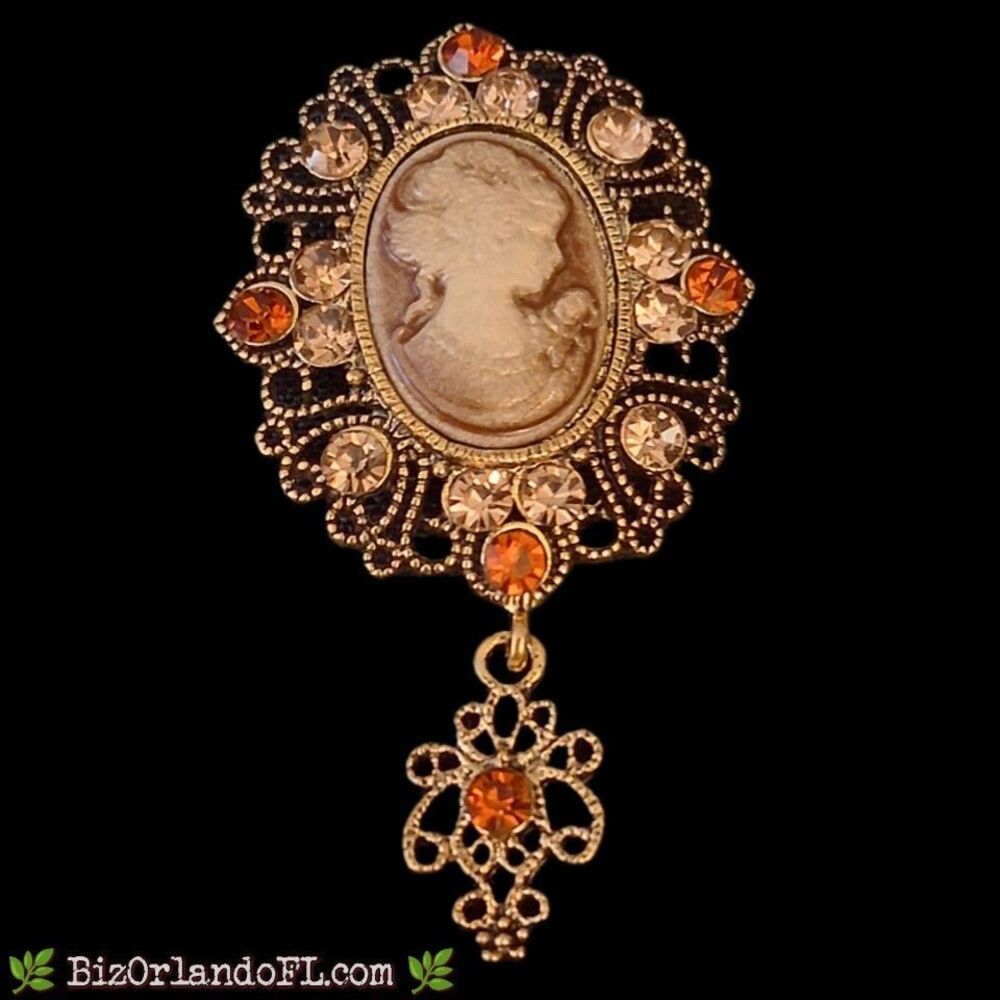 Modern Victorian Revival Cameo Brooch Gold Tone Amber Rhinestone Dangle Pin